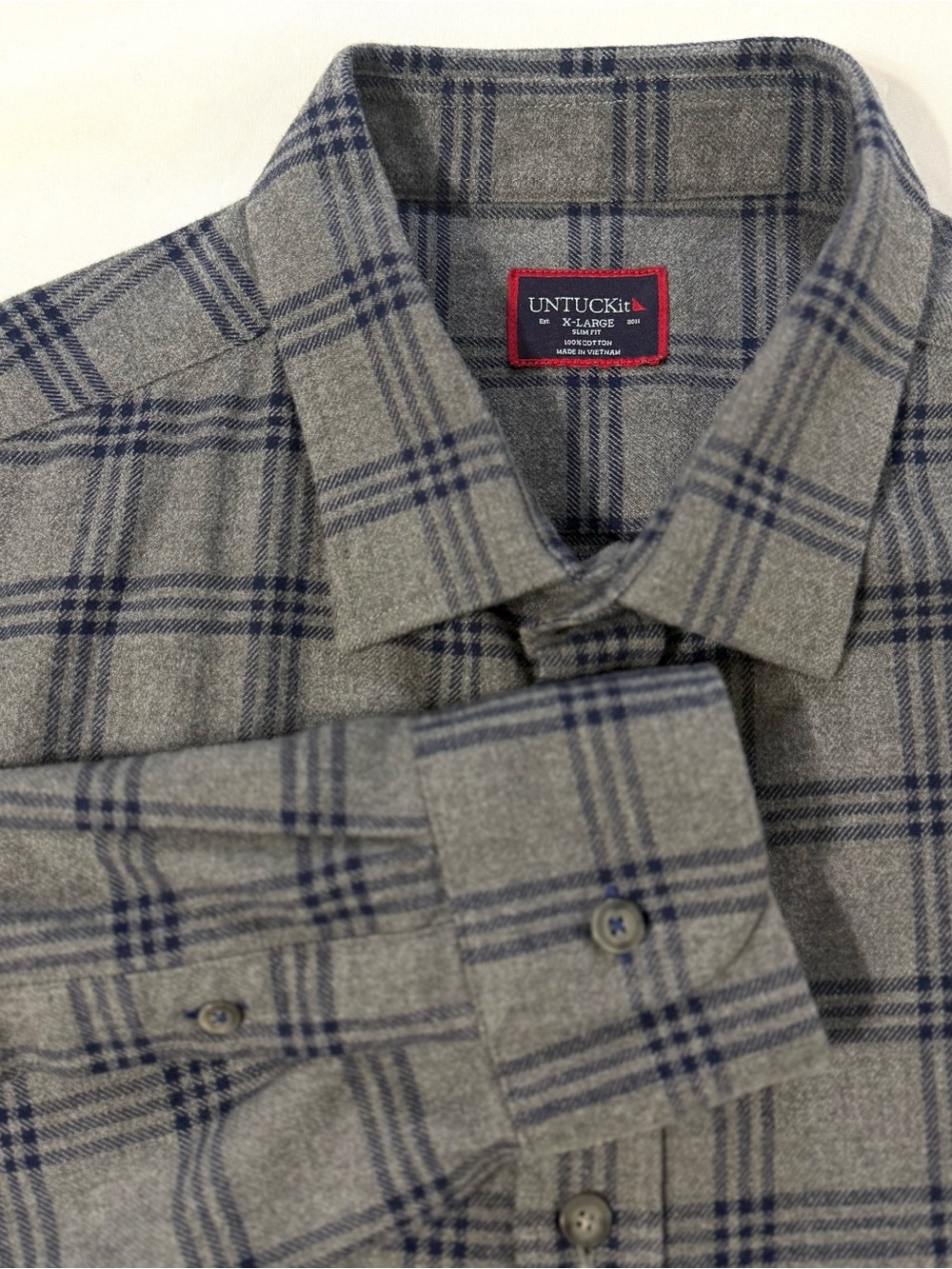 UNTUCKit Lucca Gray 100% Cotton Plaid Long Sleeve Flannel Shirt XL Slim Fit